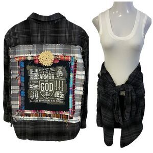 Christian Religious Flannel Shirt Womens 1X Shacket Upcycled Art Cottage Black